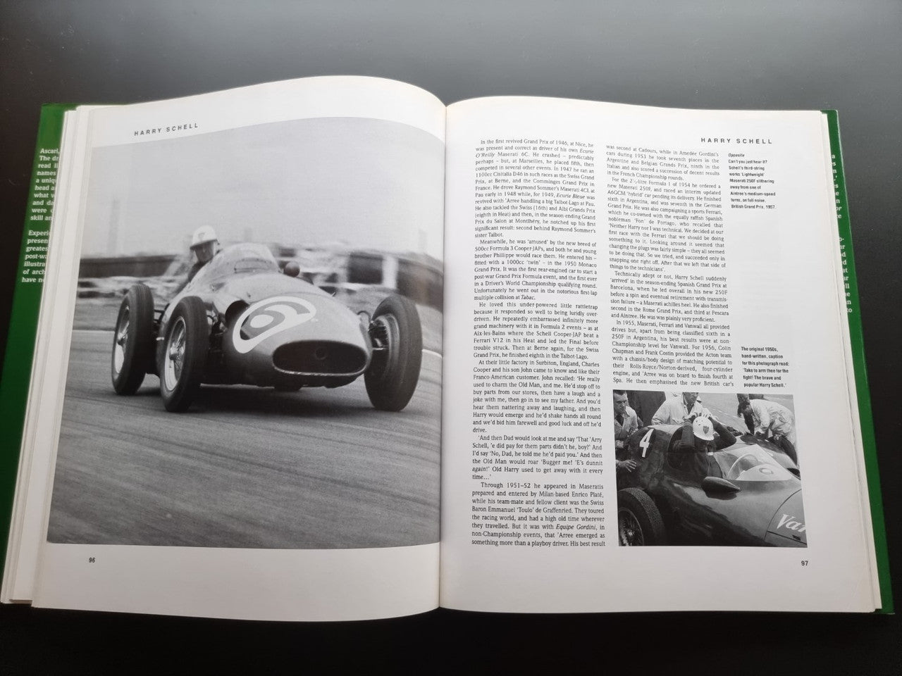 Open book spread with black-and-white race car photo on the left and text on right.