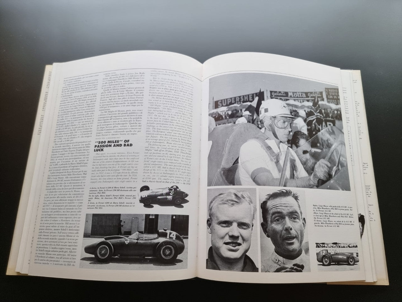 Open year book with black-and-white portraits and race car photos