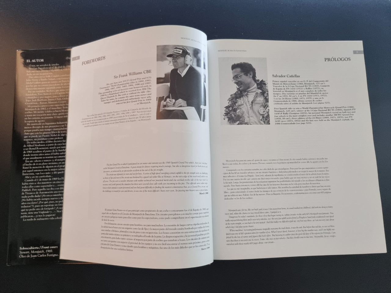 Open book with author bio pages and black-and-white portrait photos