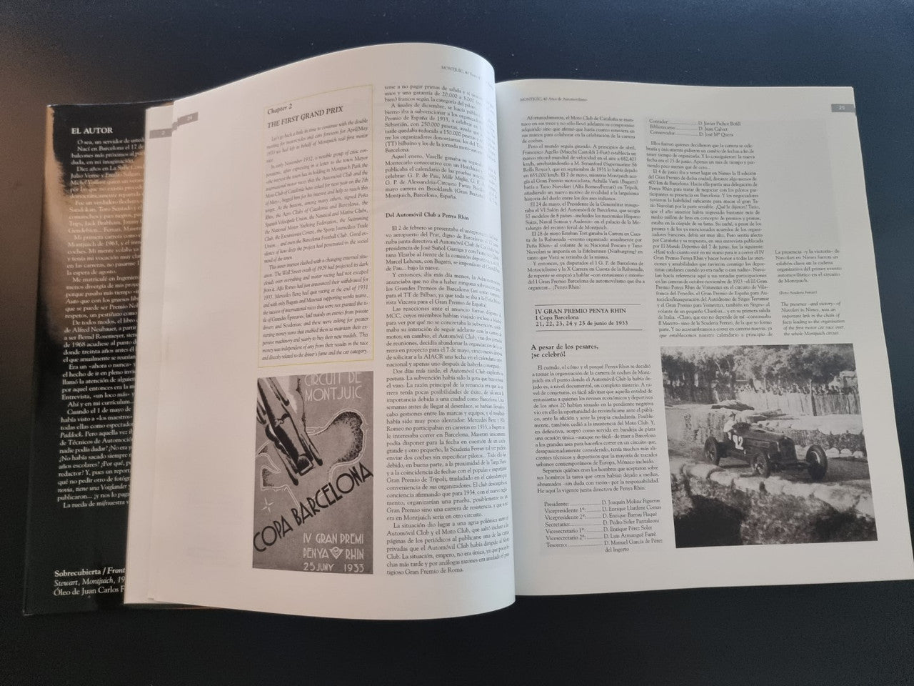 Open book with dense text and a black-and-white photo spread on the right page