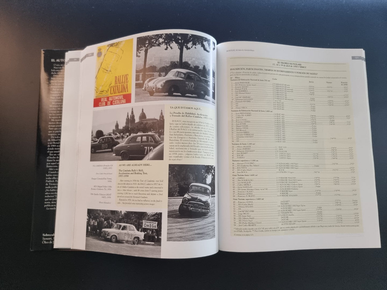 Open book with vintage race images on the left and a statistics table on the right