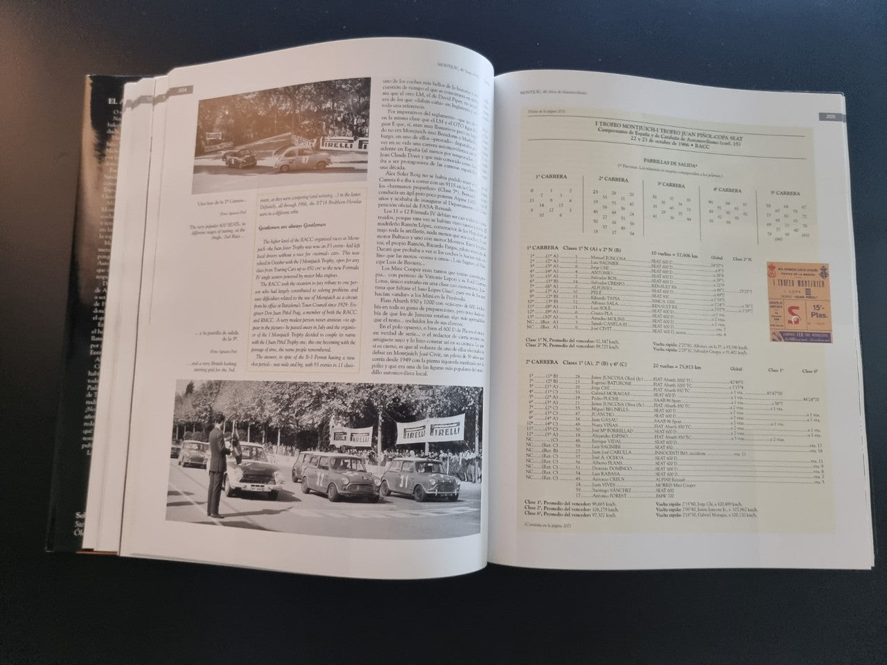 Open book with historic crowd photo and a large results table on the right page