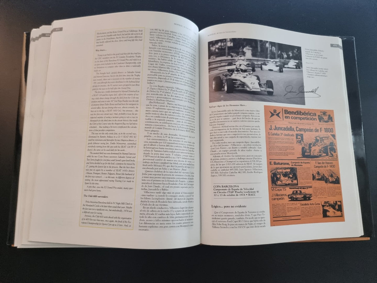 Open book showing racing photos and a colorful caption section on the right page