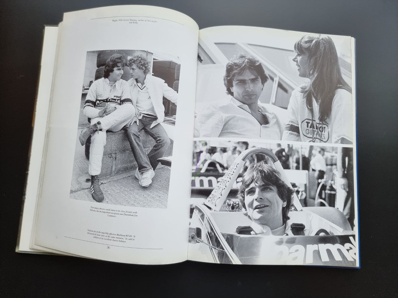 Open motorsport book pages with multiple black-and-white photos of people and cars