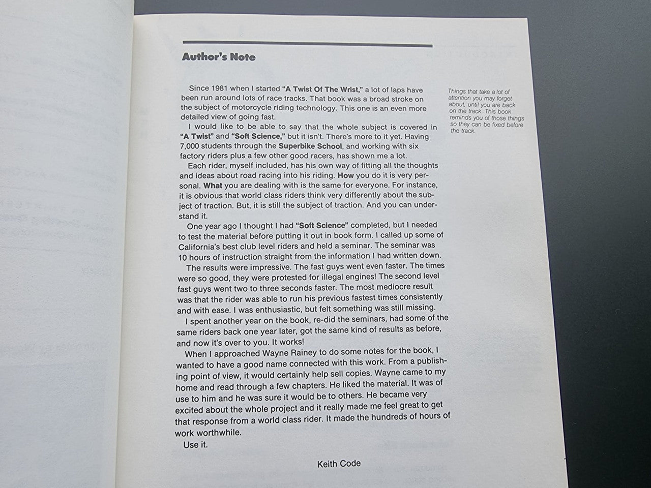 The Soft Science of Road Racing Motorcycles (1st Edition, Keith Code 1986)