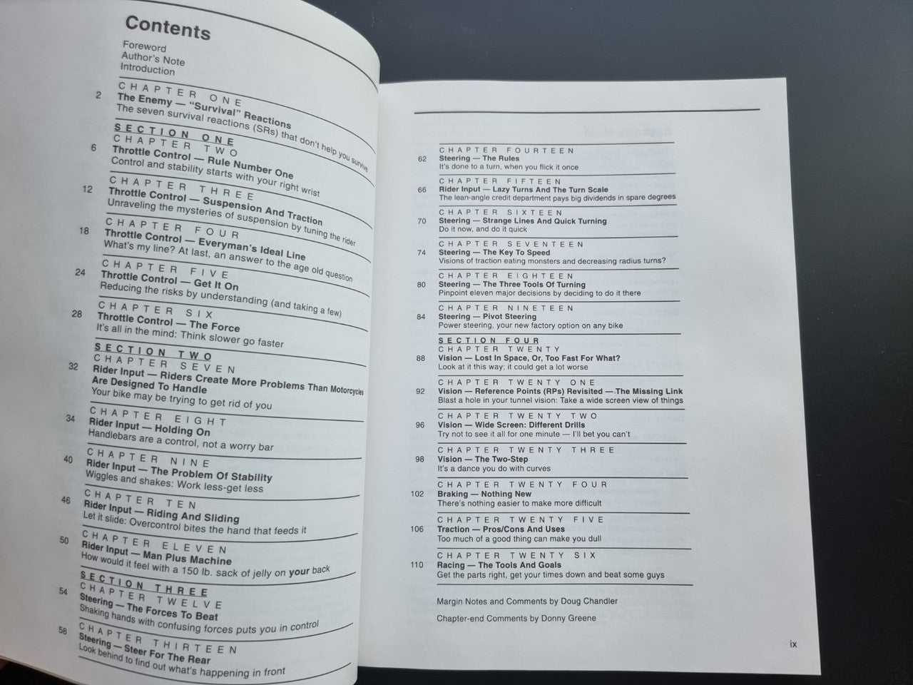 Motorcycle riding guide paperback, open to table of contents pages with section headings.