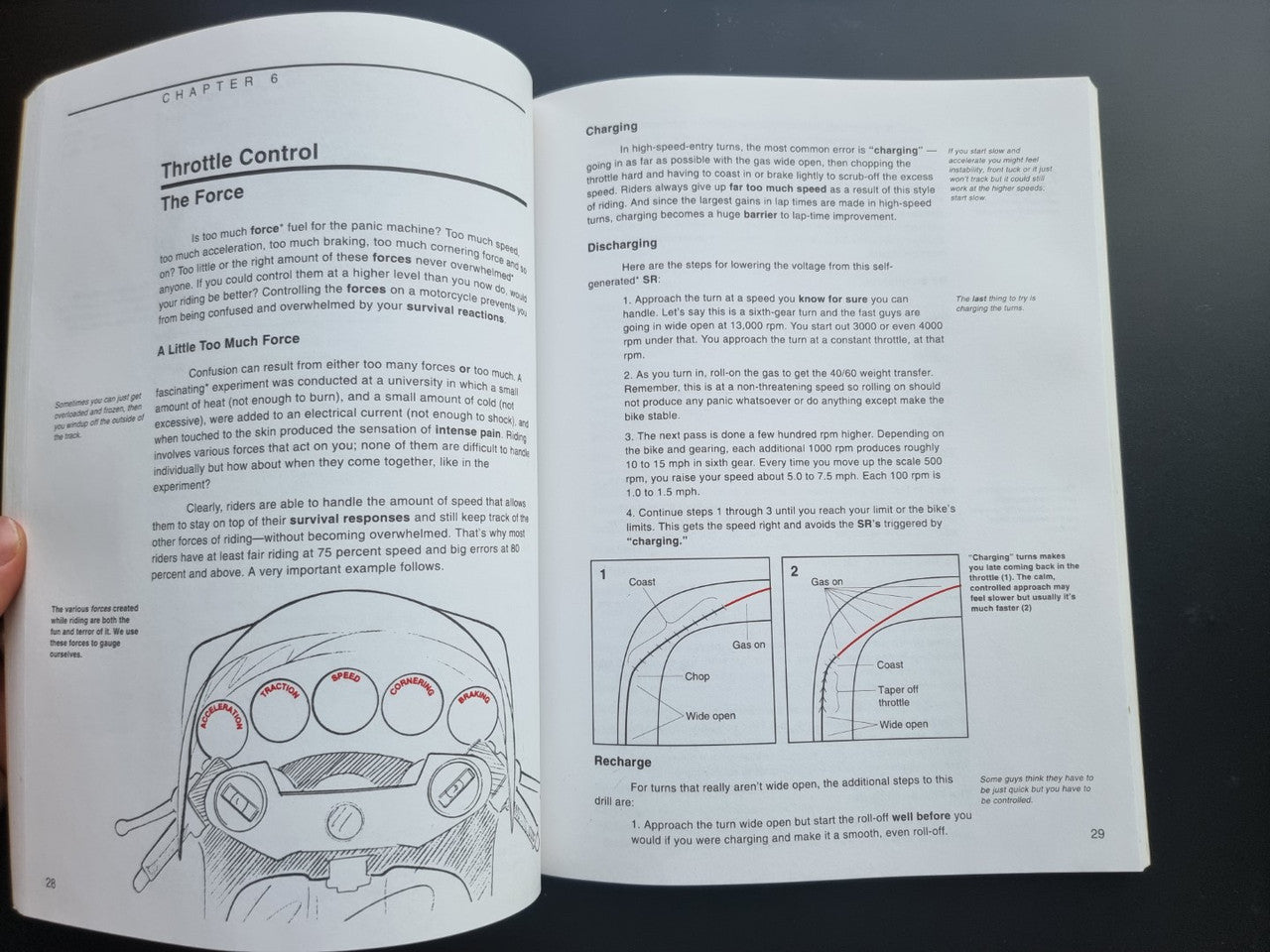 Motorcycle riding guide paperback, open spread with Throttle Control chapter text and control graphs.
