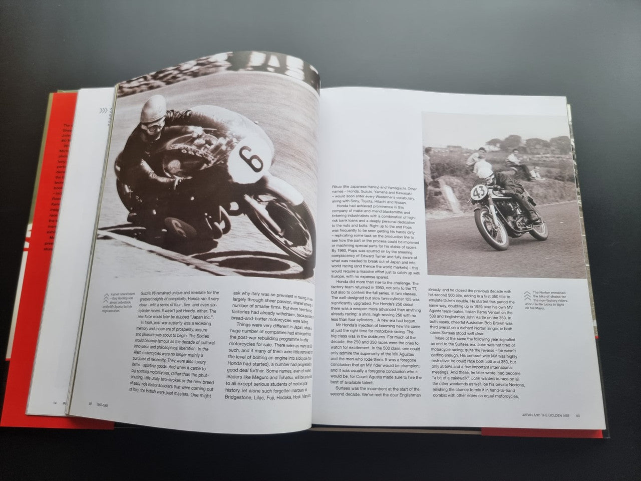 Motorsport history book, open spread with black-and-white motorcycle racer photos and text