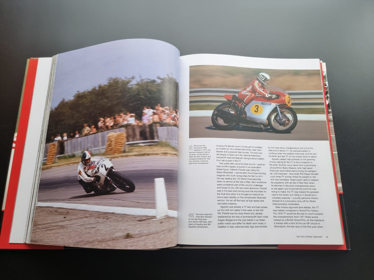 Motorsport history book, open spread with color motorcycle racing action photos