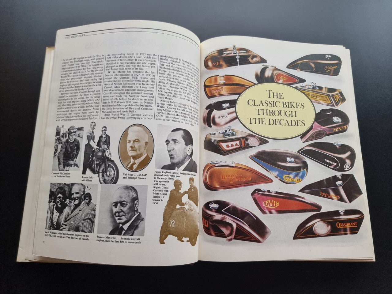 Open book spread with motorcycle reference diagrams and 'The Classic Bikes' heading