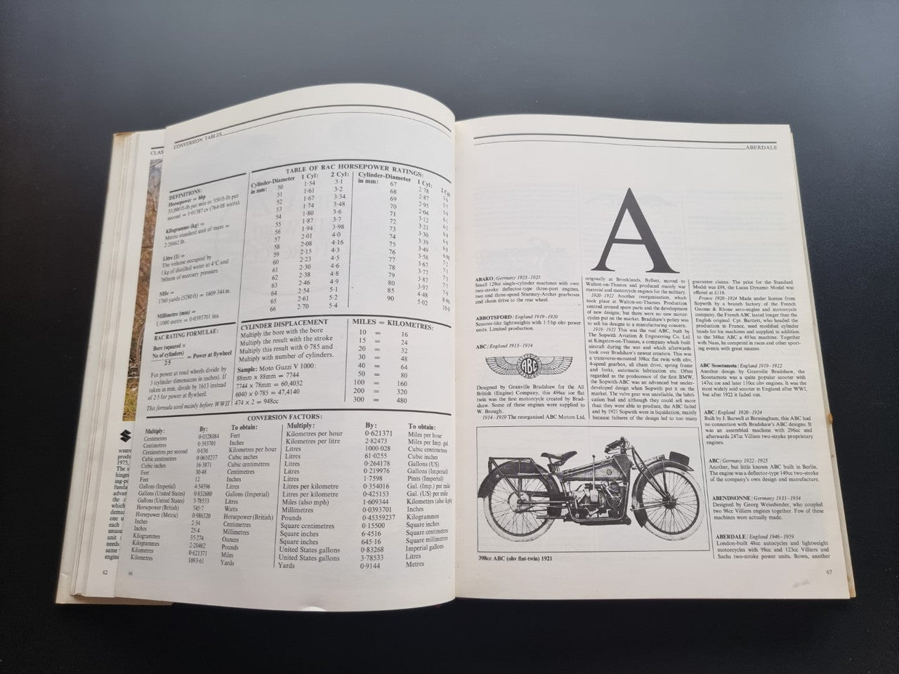 Open encyclopedia spread with motorcycle diagram and table of specifications