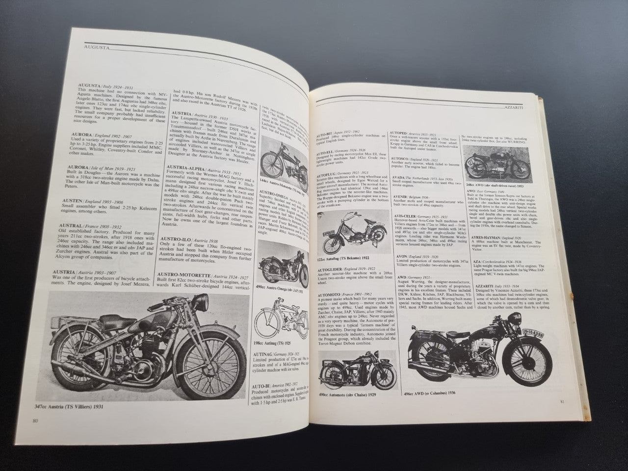 Open book pages with motorcycle line drawings and black-and-white photos
