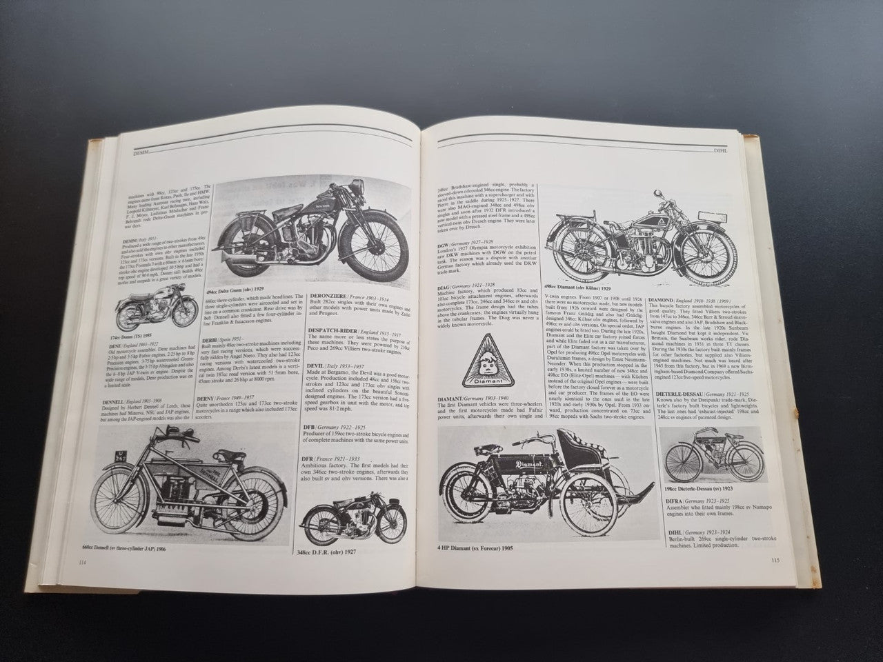Illustrated motorcycle encyclopedia book, open spread with line drawings of bikes