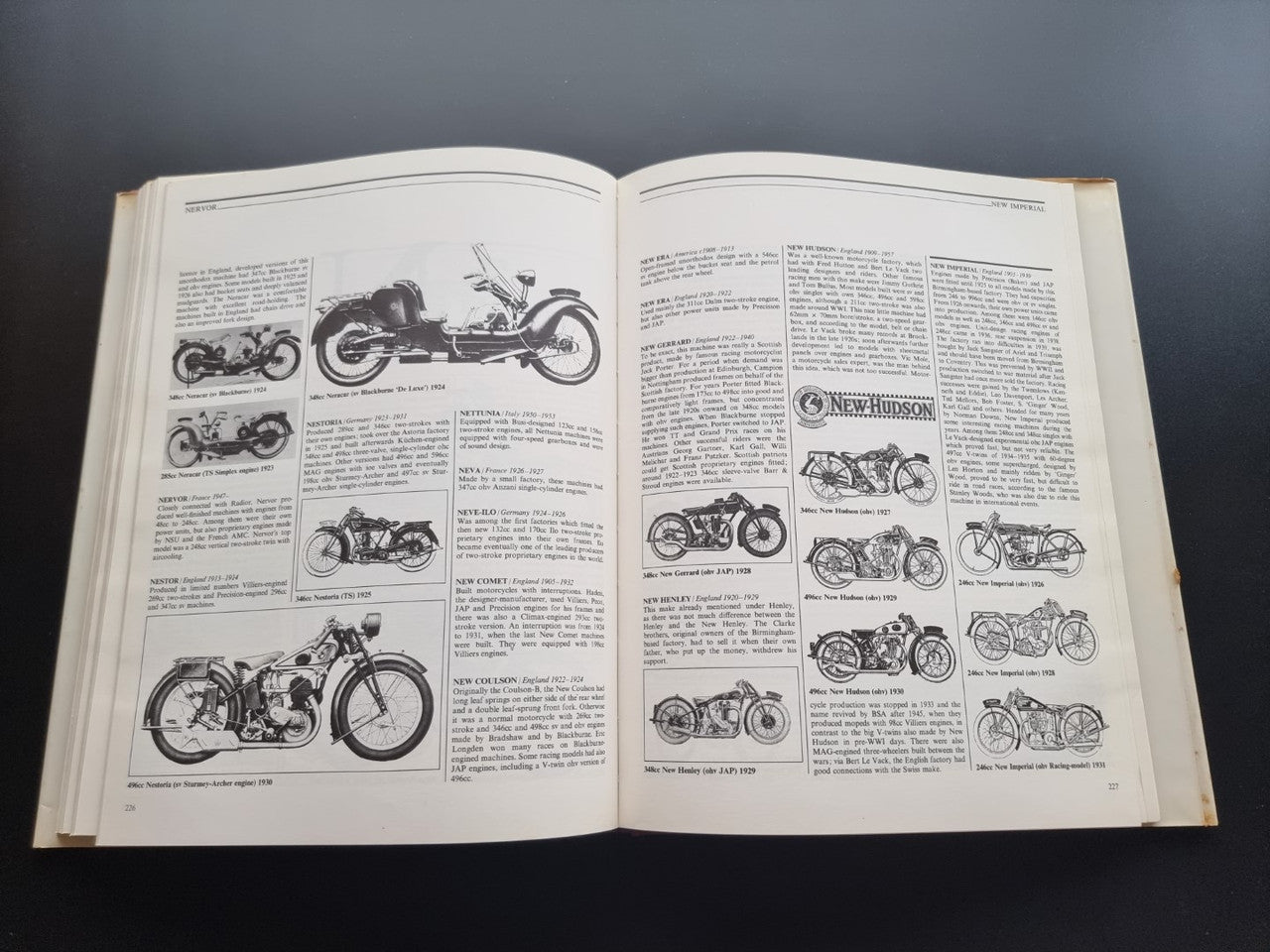 Illustrated motorcycle encyclopedia book, open spread showing multiple motorcycle lineup sketches