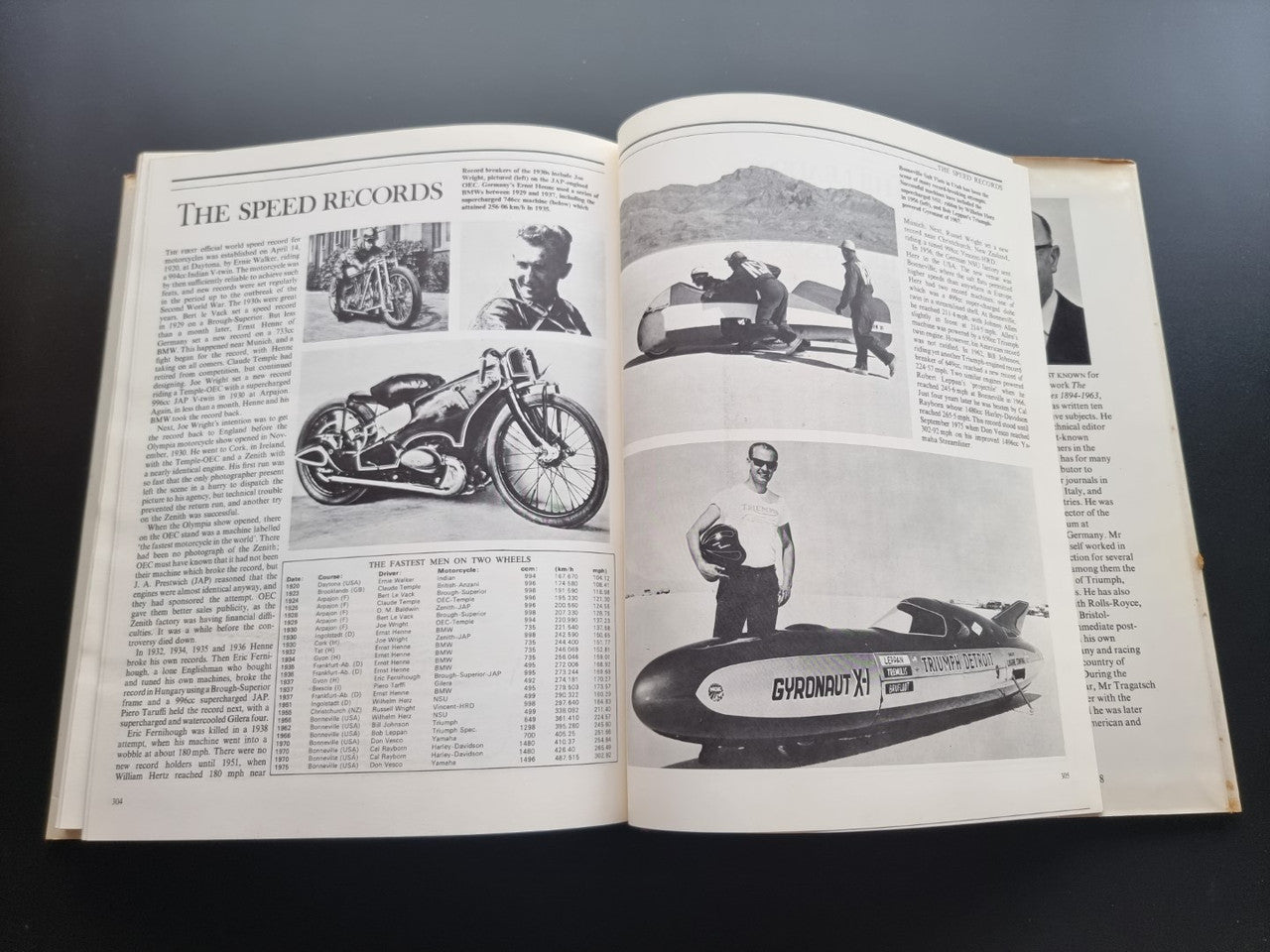 Illustrated motorcycle encyclopedia book, open spread featuring speed records and motorcycle images