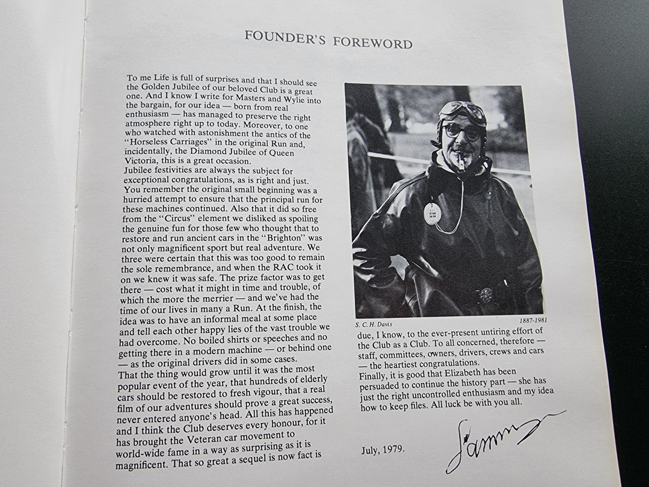 Pictorial history book page, 'Founder’s Foreword' with portrait photo and signature