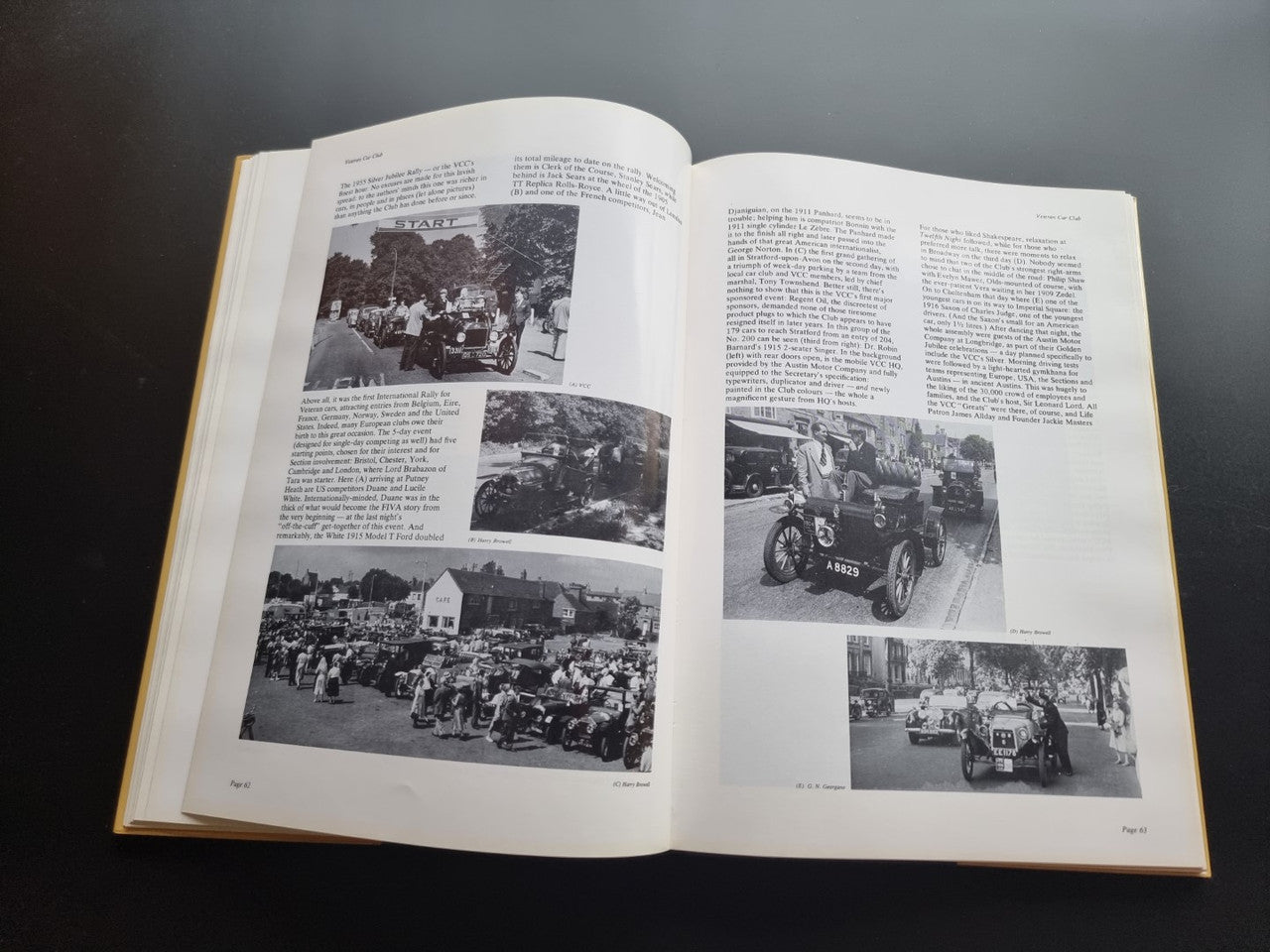 Open pictorial history book spread with black-and-white event and car photos