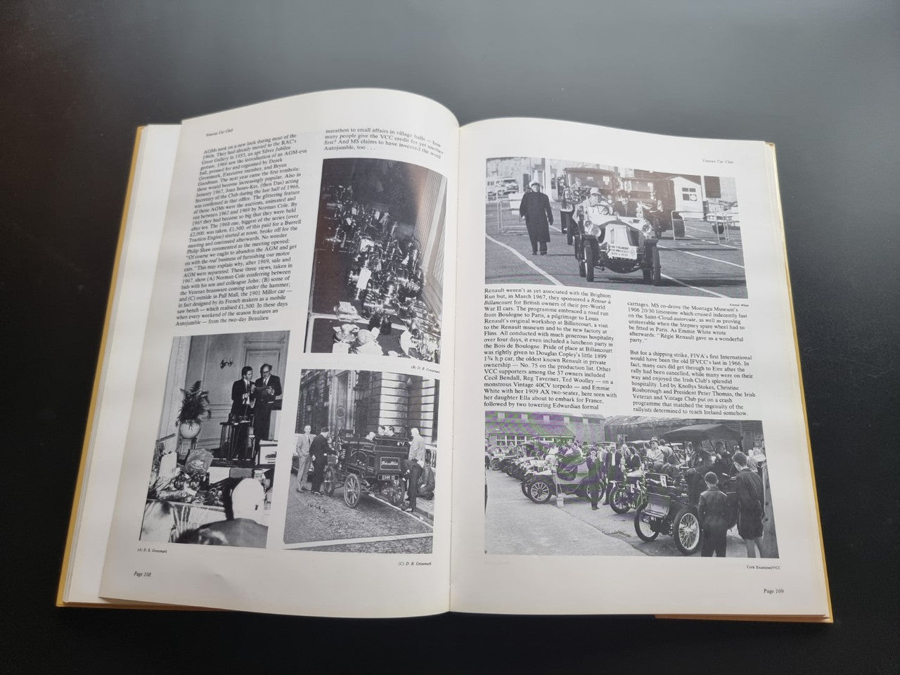 Pictorial history book, open spread with multiple black-and-white car and street photos