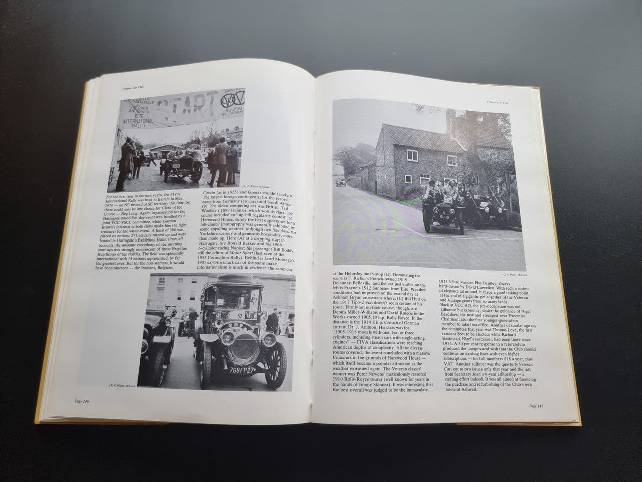 Pictorial history book, open spread with small vintage car photos on both pages