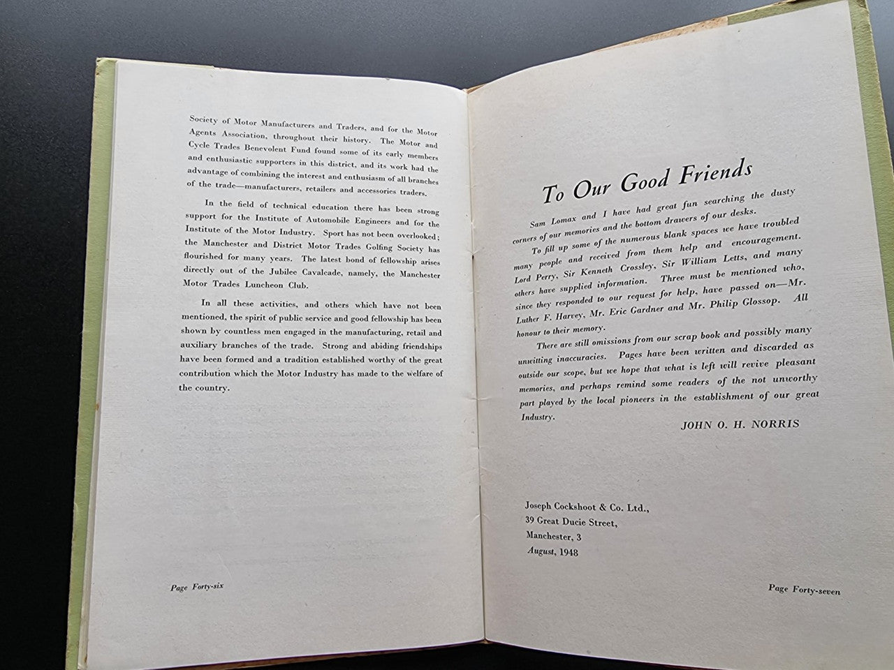 Opened book with 'To Our Good Friends' heading and closing signature text.