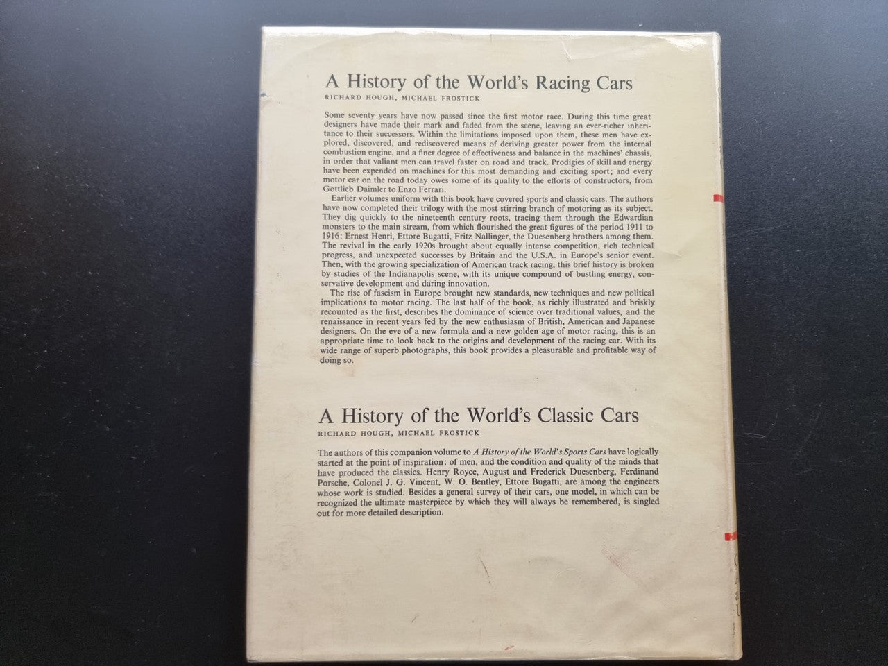 Back cover of a car history book with dense text blocks titled racing and classic cars.