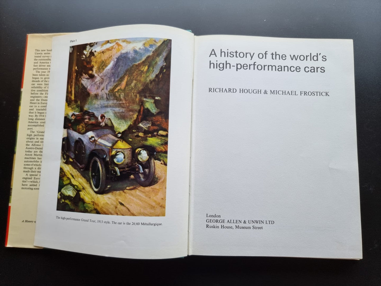 Open book showing a painted racing scene and a page heading for high-performance cars.