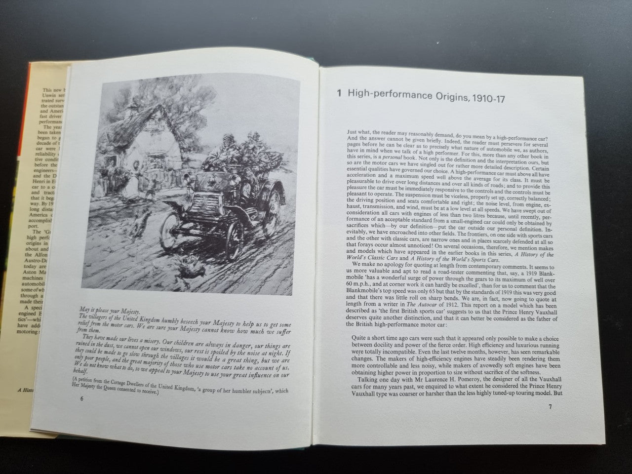 Open book with black-and-white car photo on the left and chapter text on the right.