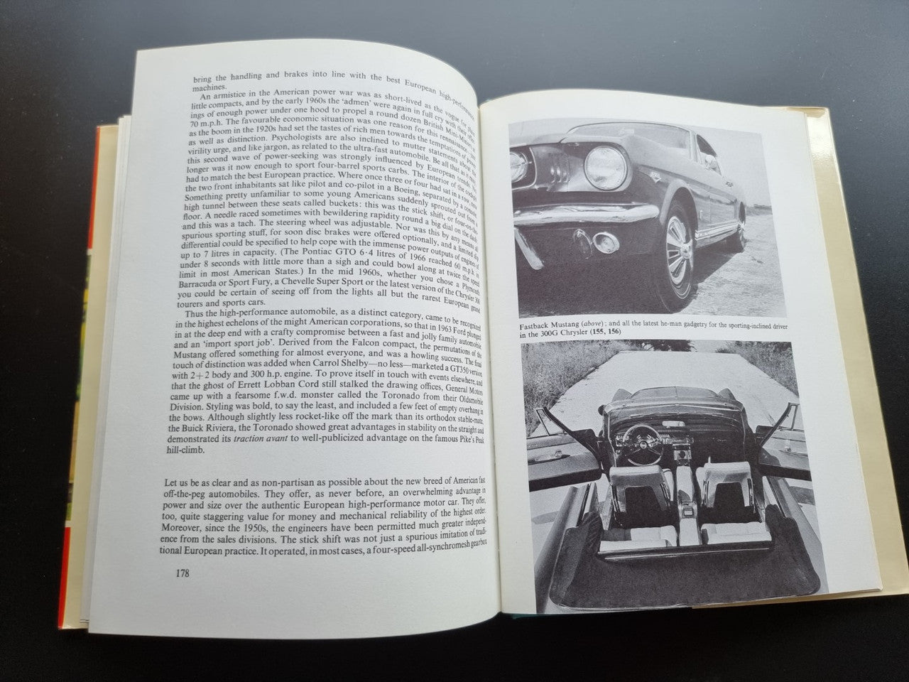Open book spread with text and black-and-white photos of a vintage car exterior and engine.