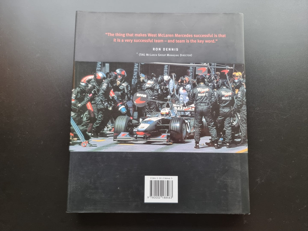 Formula One team biography book, West McLaren Mercedes Teamwork back cover with barcode