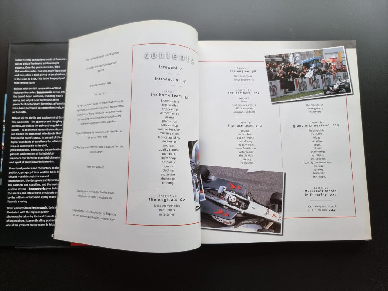 Formula One team biography book, open spread showing contents and team photos