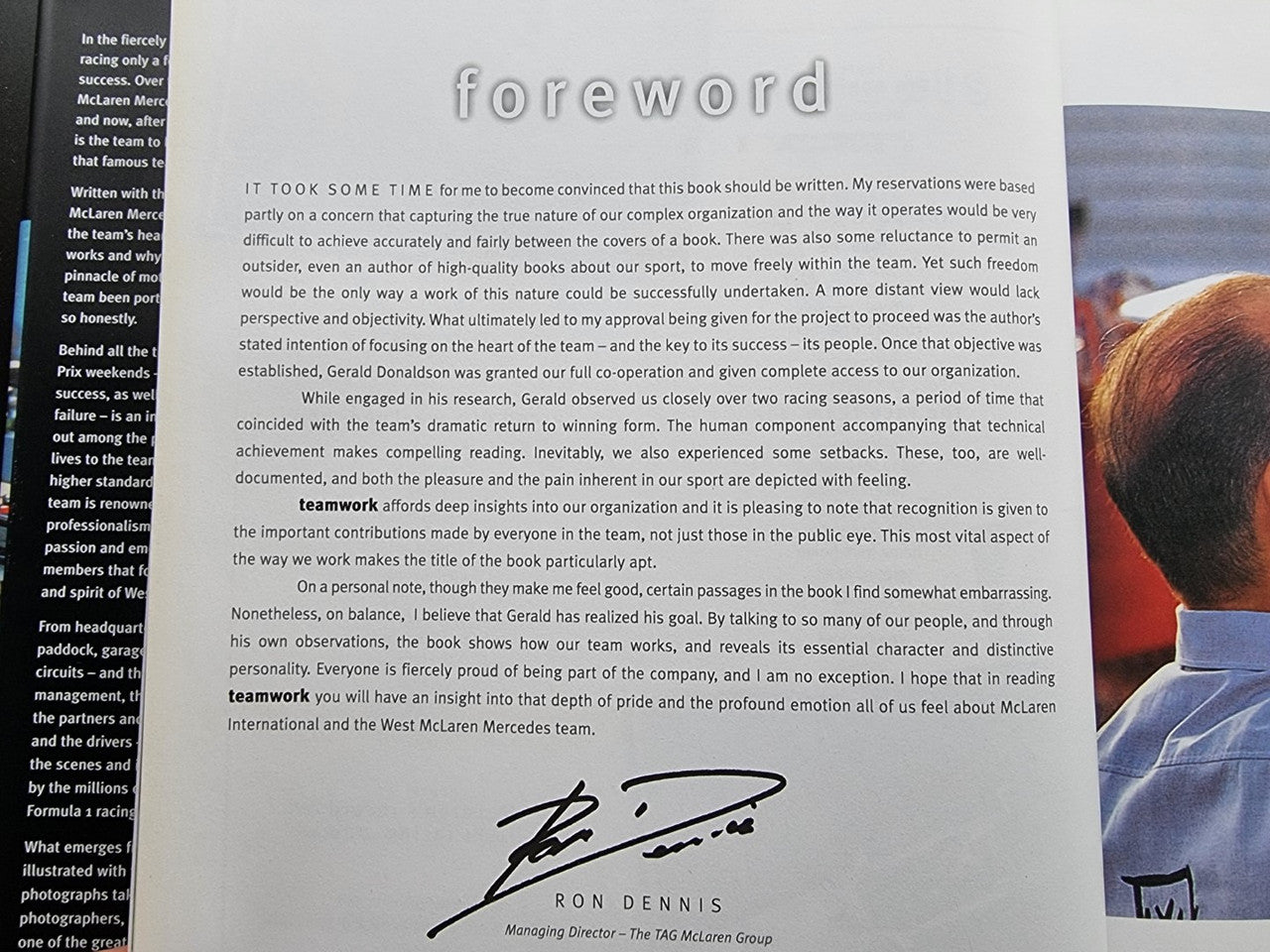 Formula One team biography book, foreword page with Ron Dennis signature