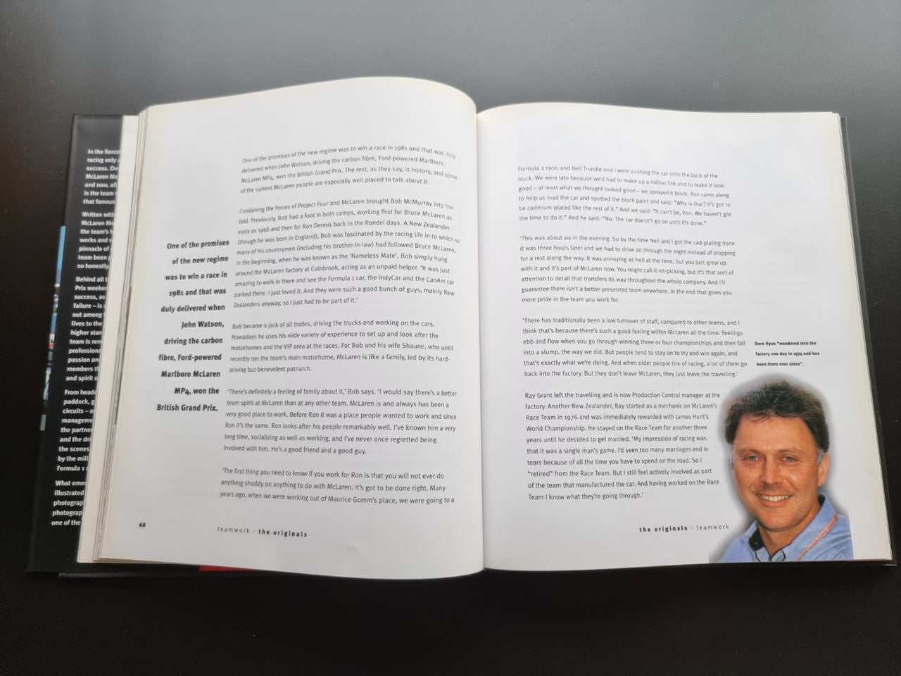 Formula One team biography book, open pages with author headshot portrait