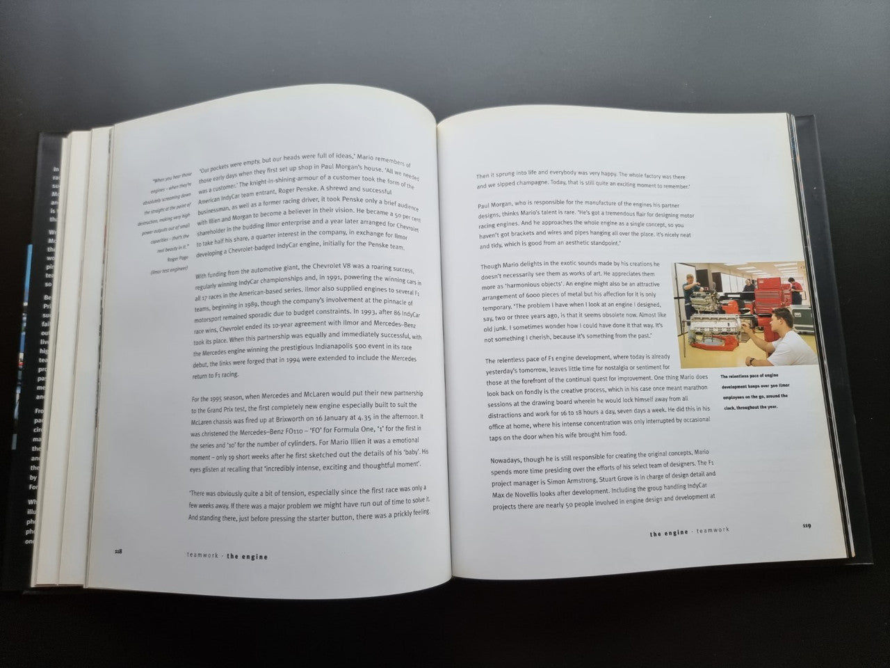 Formula One team biography book, open pages with small equipment photo inset