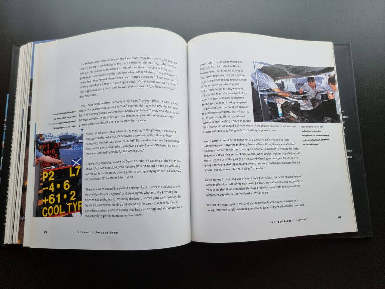 Open biography book with text pages and a racing results graphic on left
