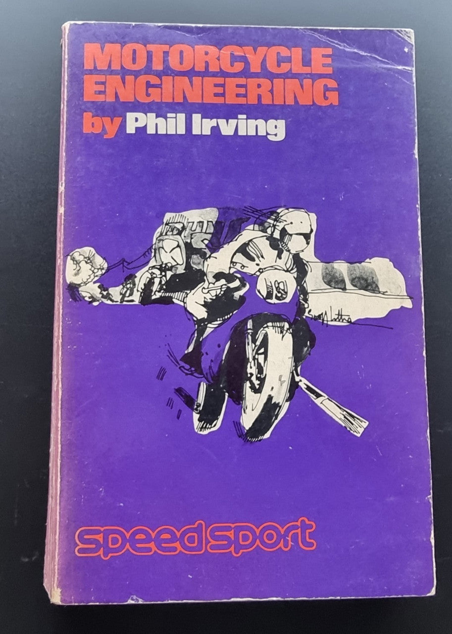 Motorcycle engineering book cover with purple design and sportbike illustration