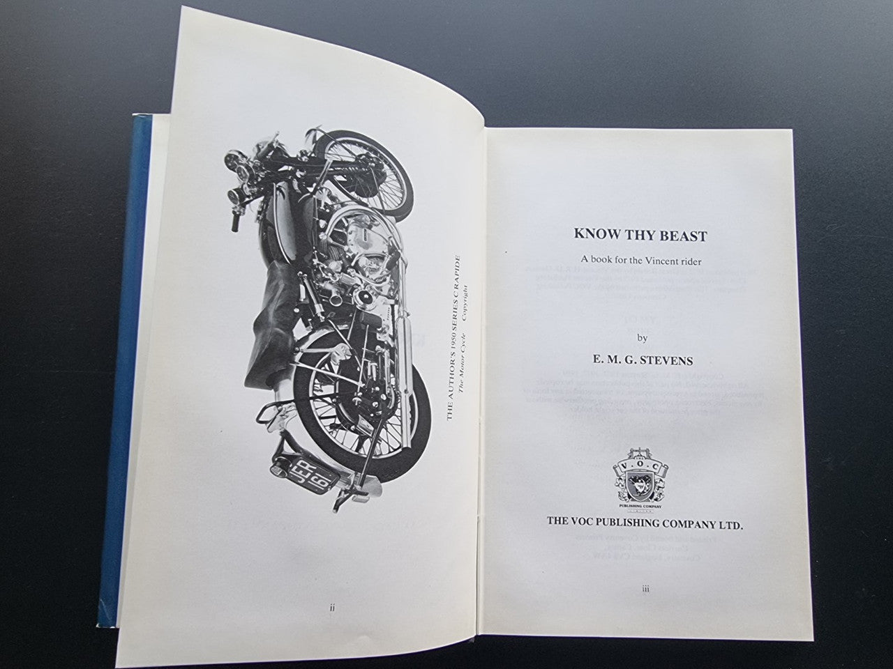 Motorcycle workshop book opened to title page with frontispiece line drawing