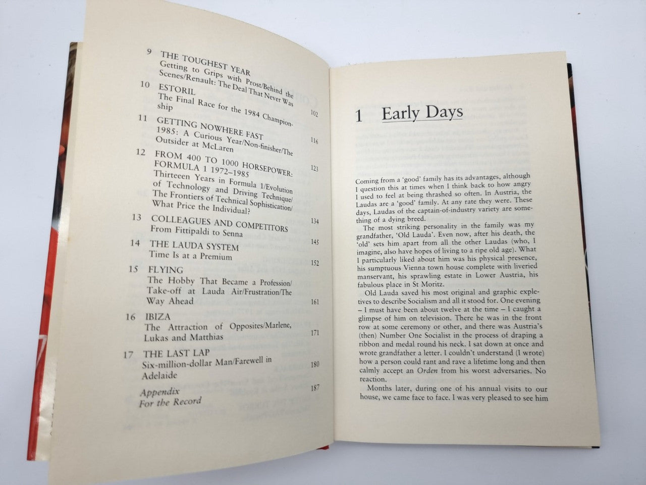 Open book spread with table-of-contents list and "Early Days" section title