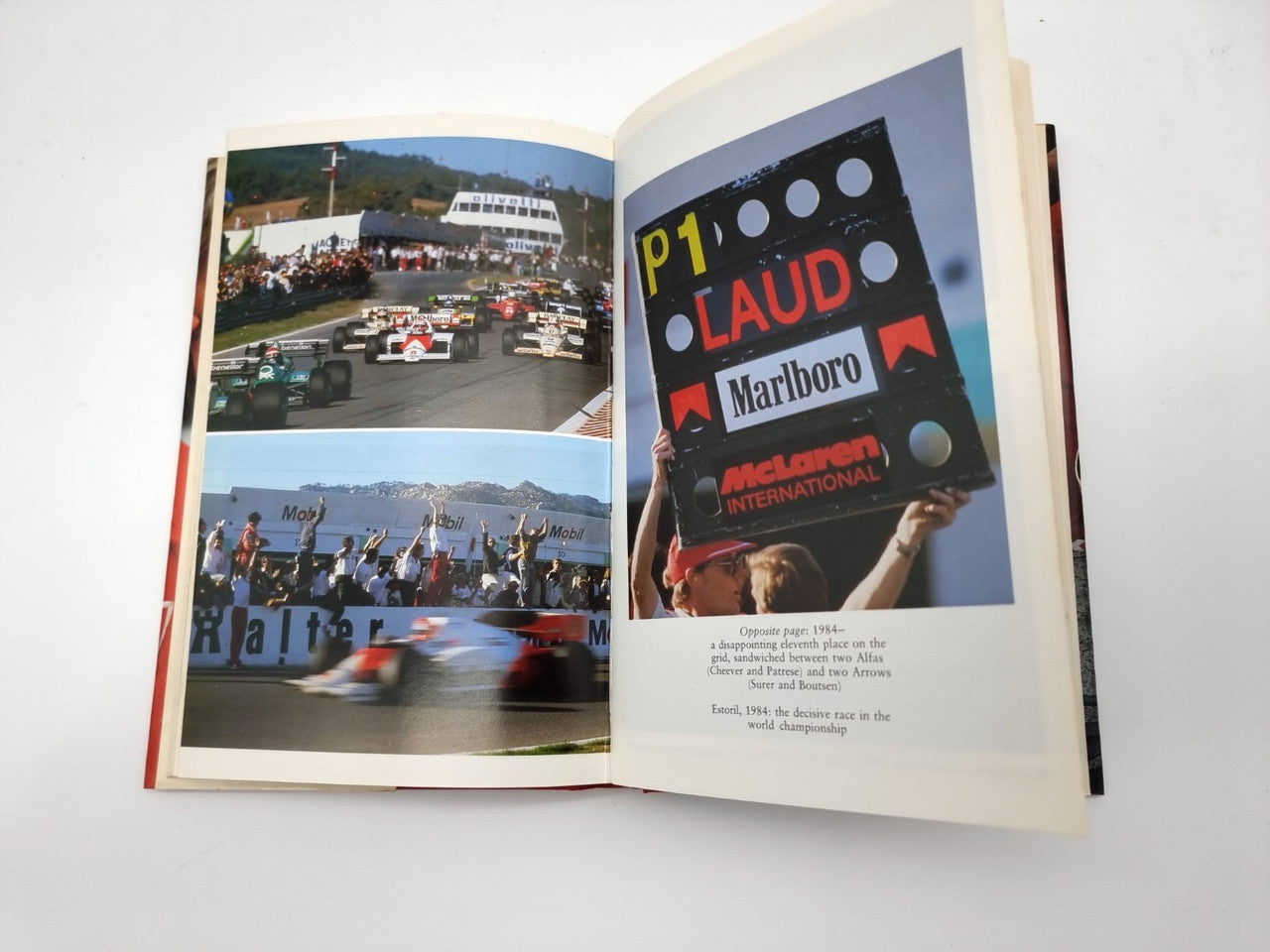 Open book with racing photos on left and motorsport poster graphic on right