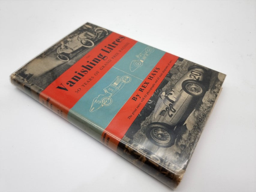 Vintage motorsport book with illustrated cover, red band and teal background