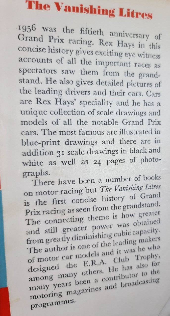 Vintage motorsport book page close-up with red heading and dense black text