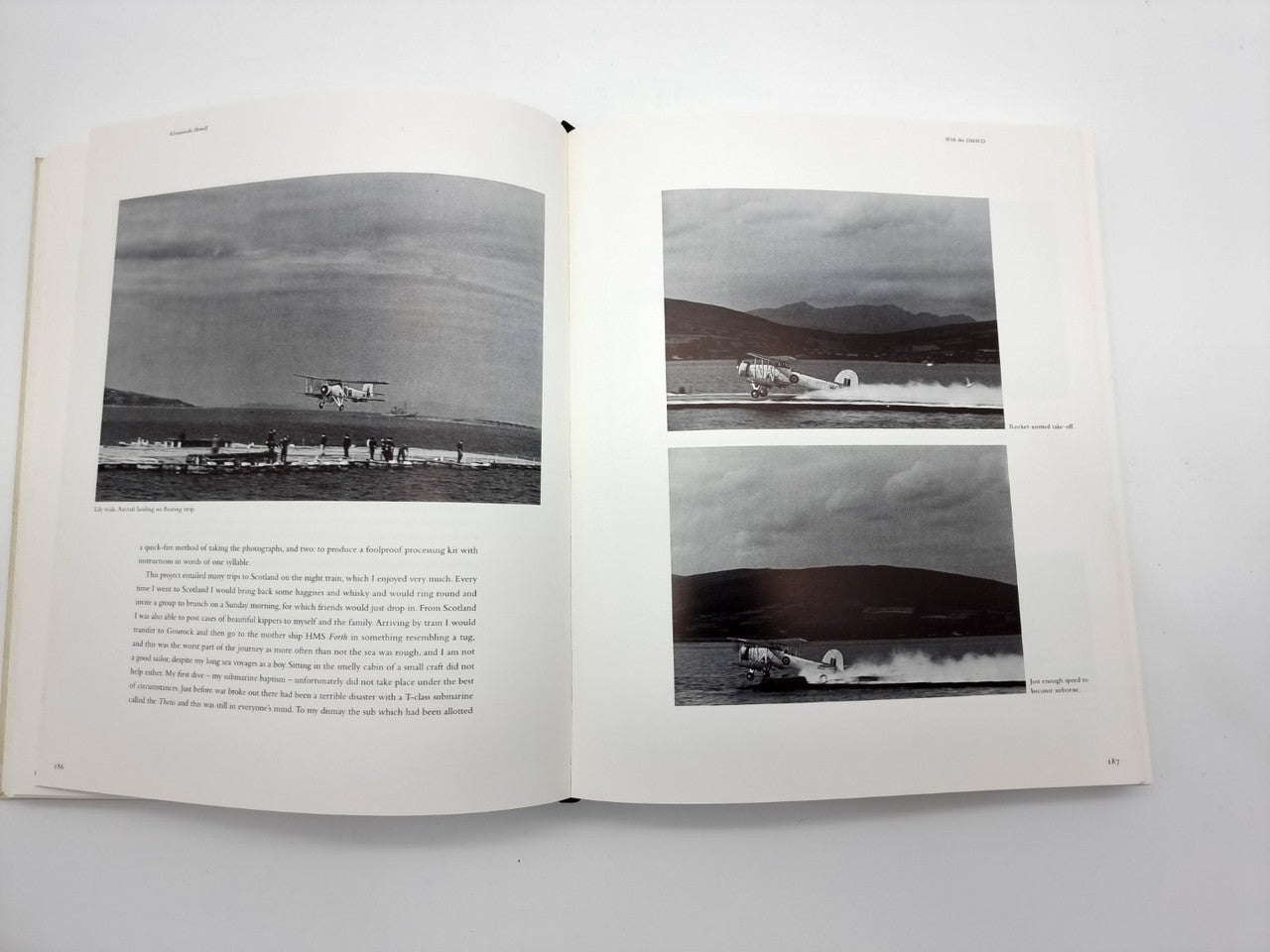 Open portfolio book with four grayscale aircraft runway photos on two pages