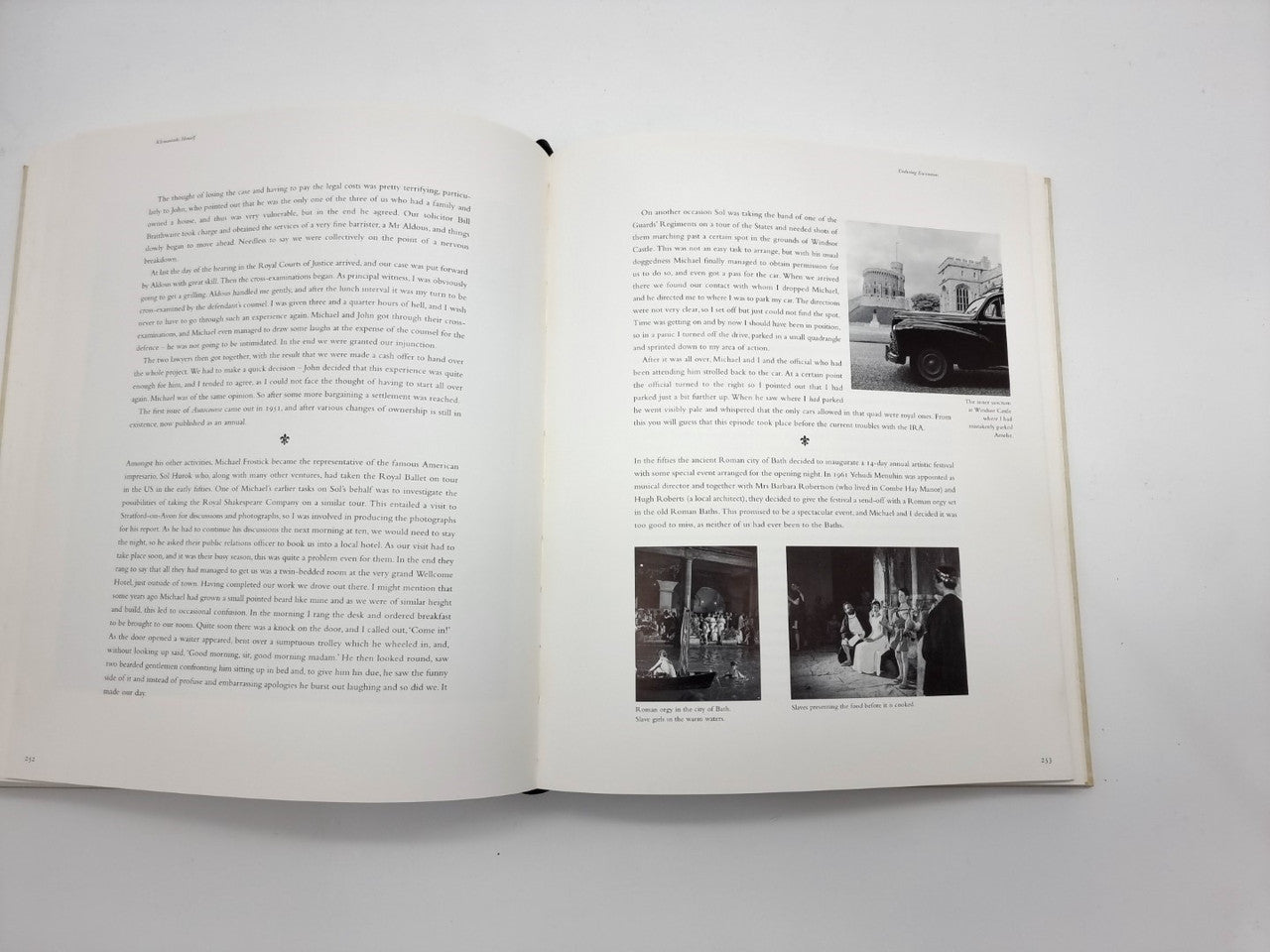 Open photo book with text on the left and two photo grids on the right page