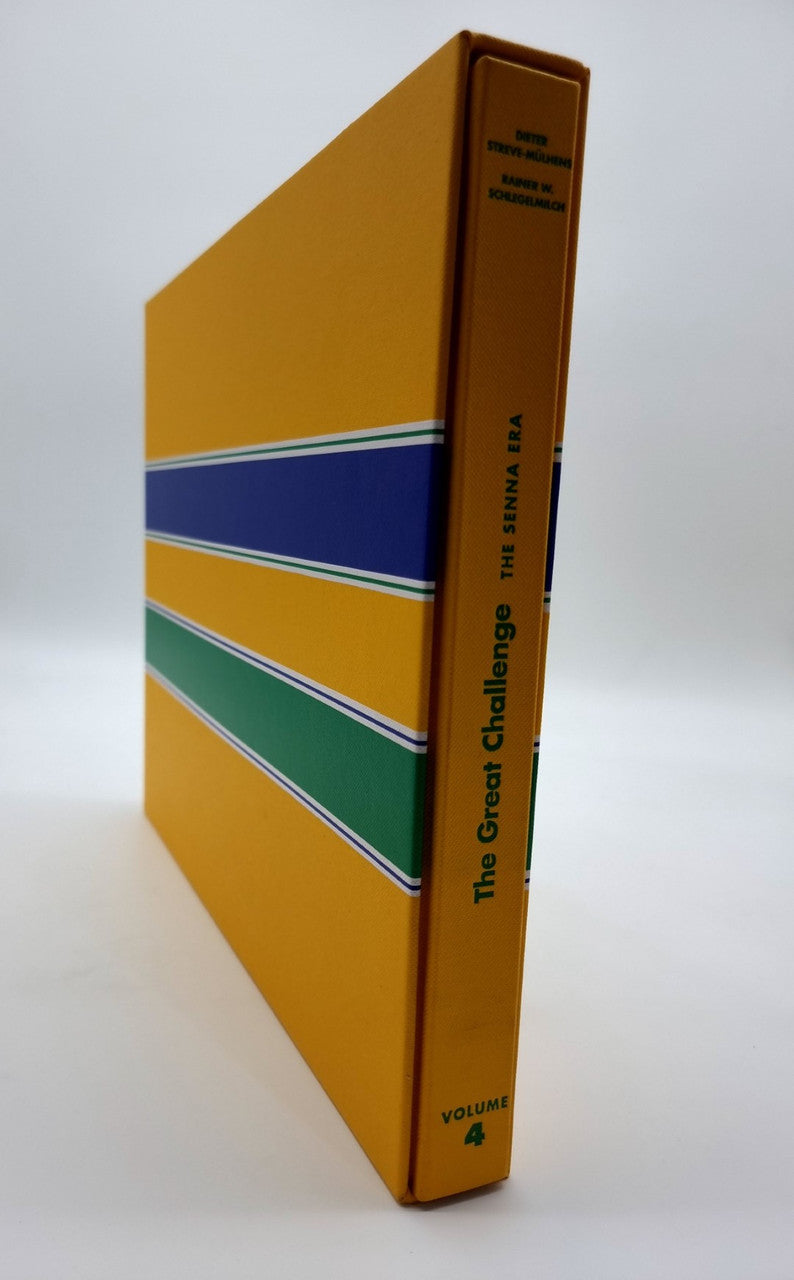 Signed motorsport book, Volume 4 with illustrated spine and bold blue stripes