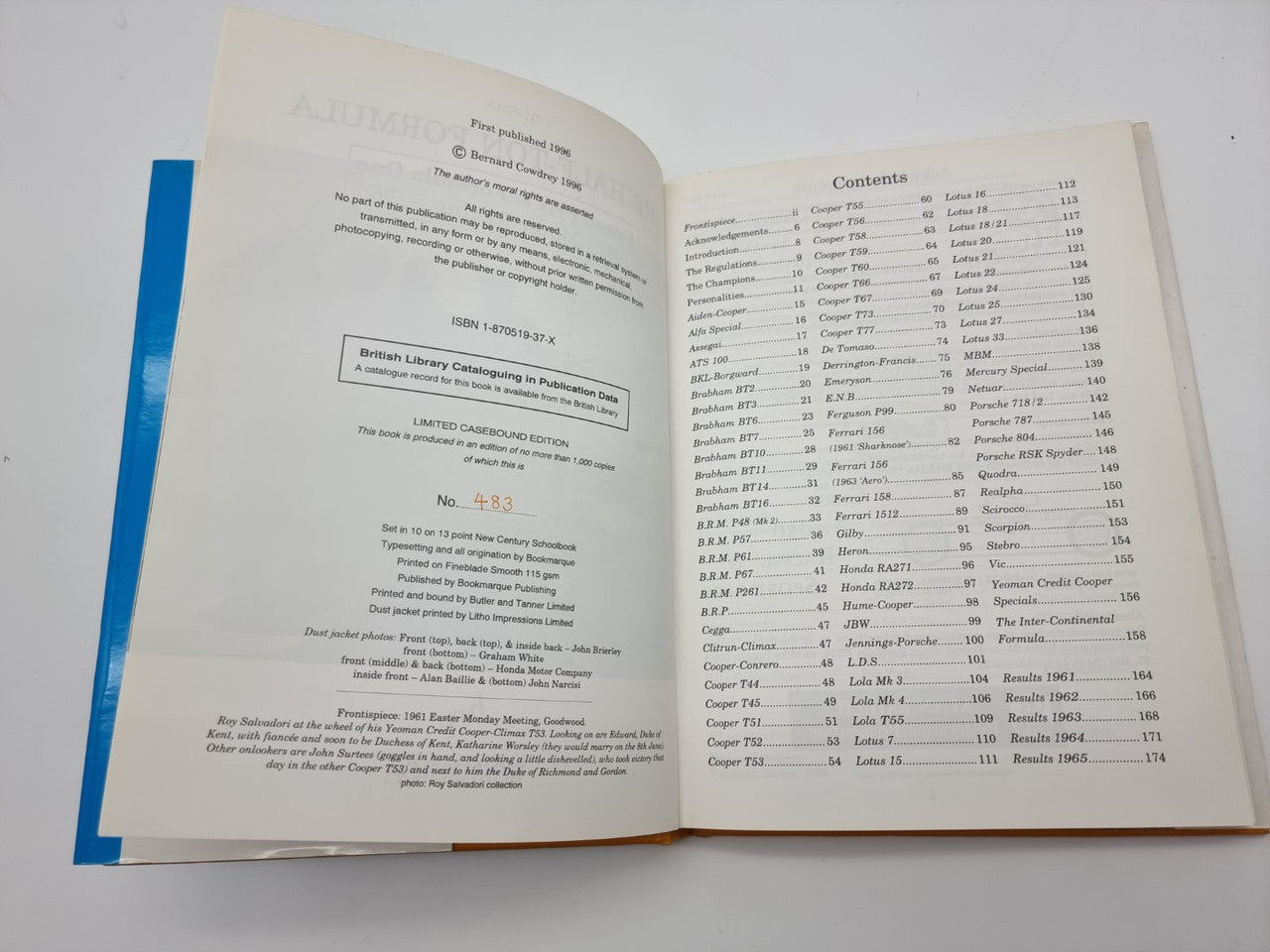 Motor racing book opened to contents page with tabulated listings
