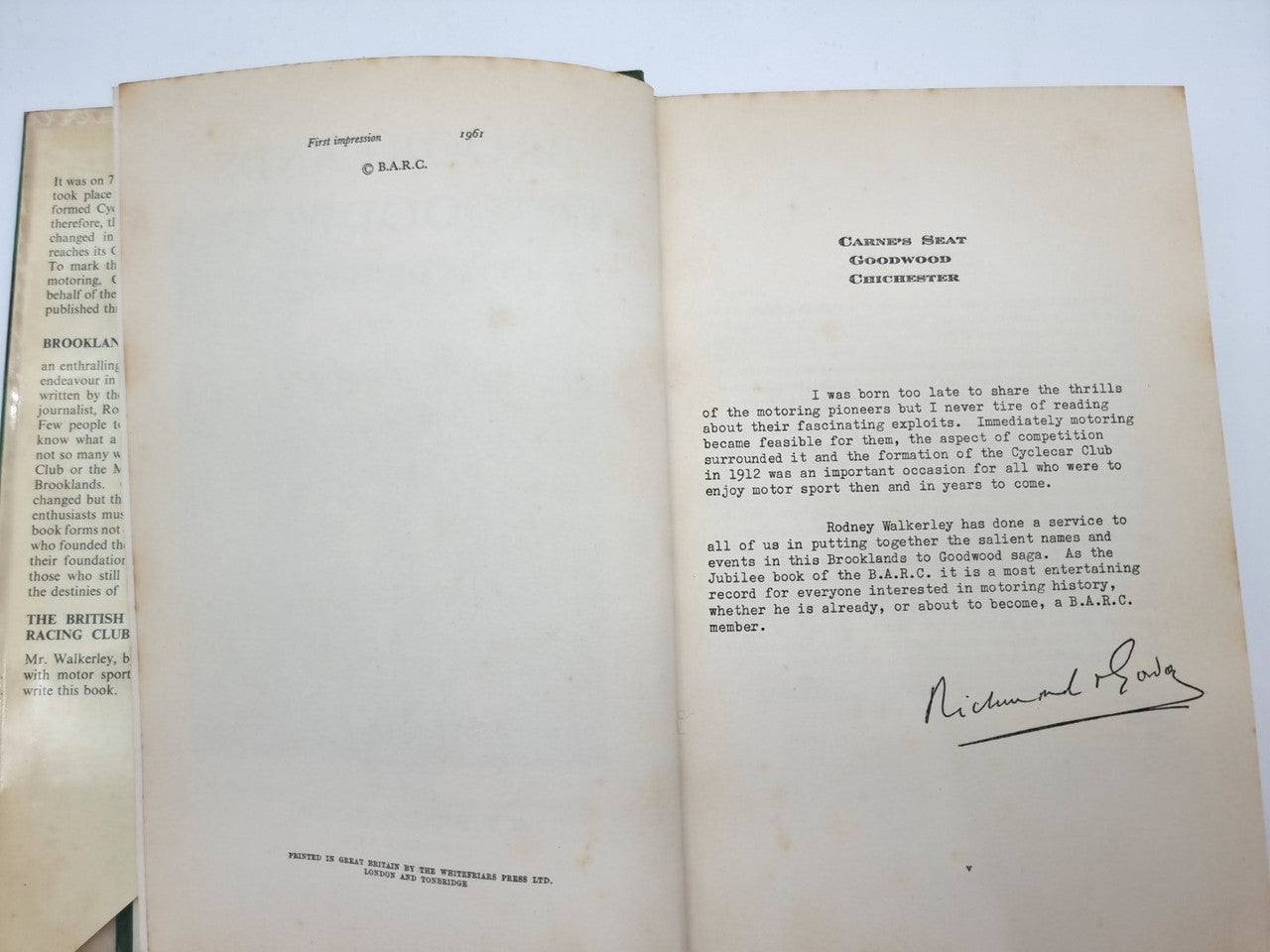 Brooklands to Goodwood - The Story of the BARC (Rodney Walkerley, 1961)