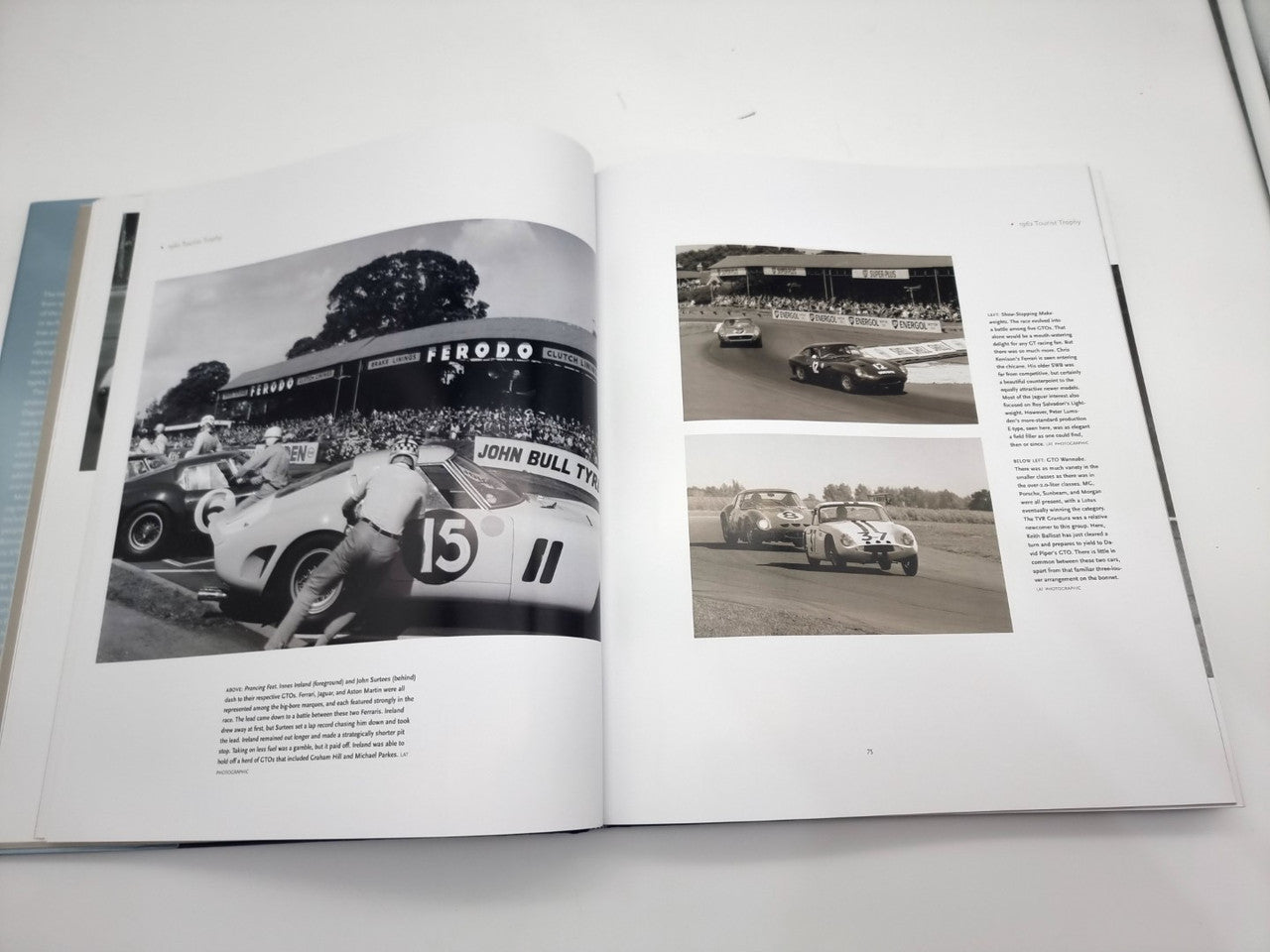 Open book spread with black-and-white vintage race car photos and captions