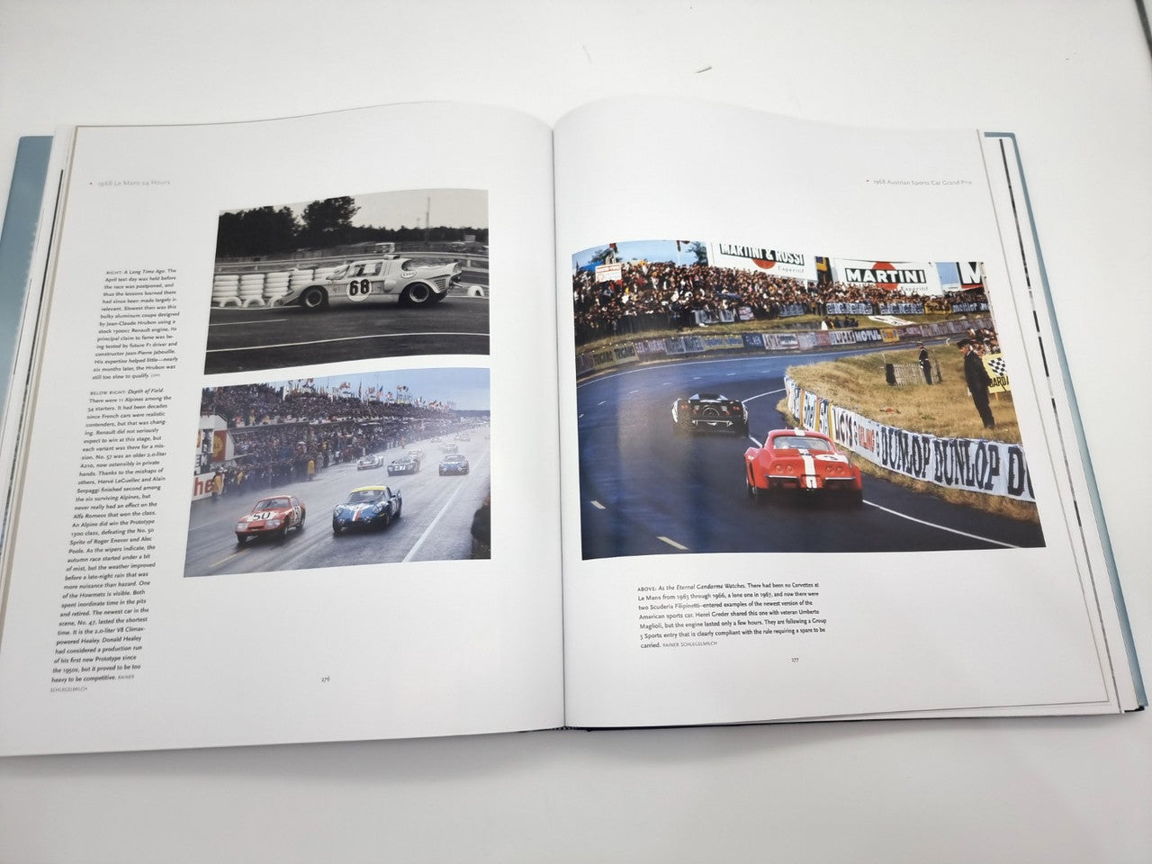 Open book spread with racing event photos and small caption text on both pages