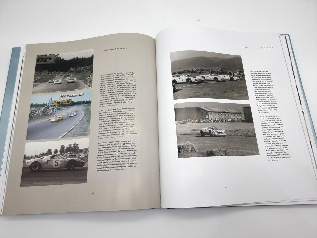 Open book spread with multiple race track and car photos arranged in columns