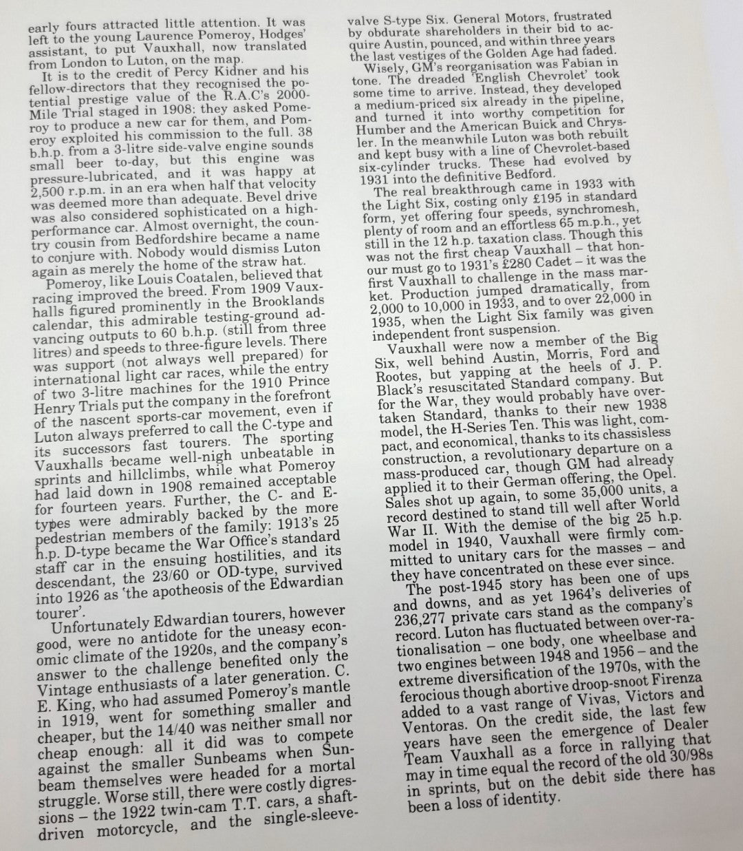 Book page with continuous paragraphs about car history and technical details