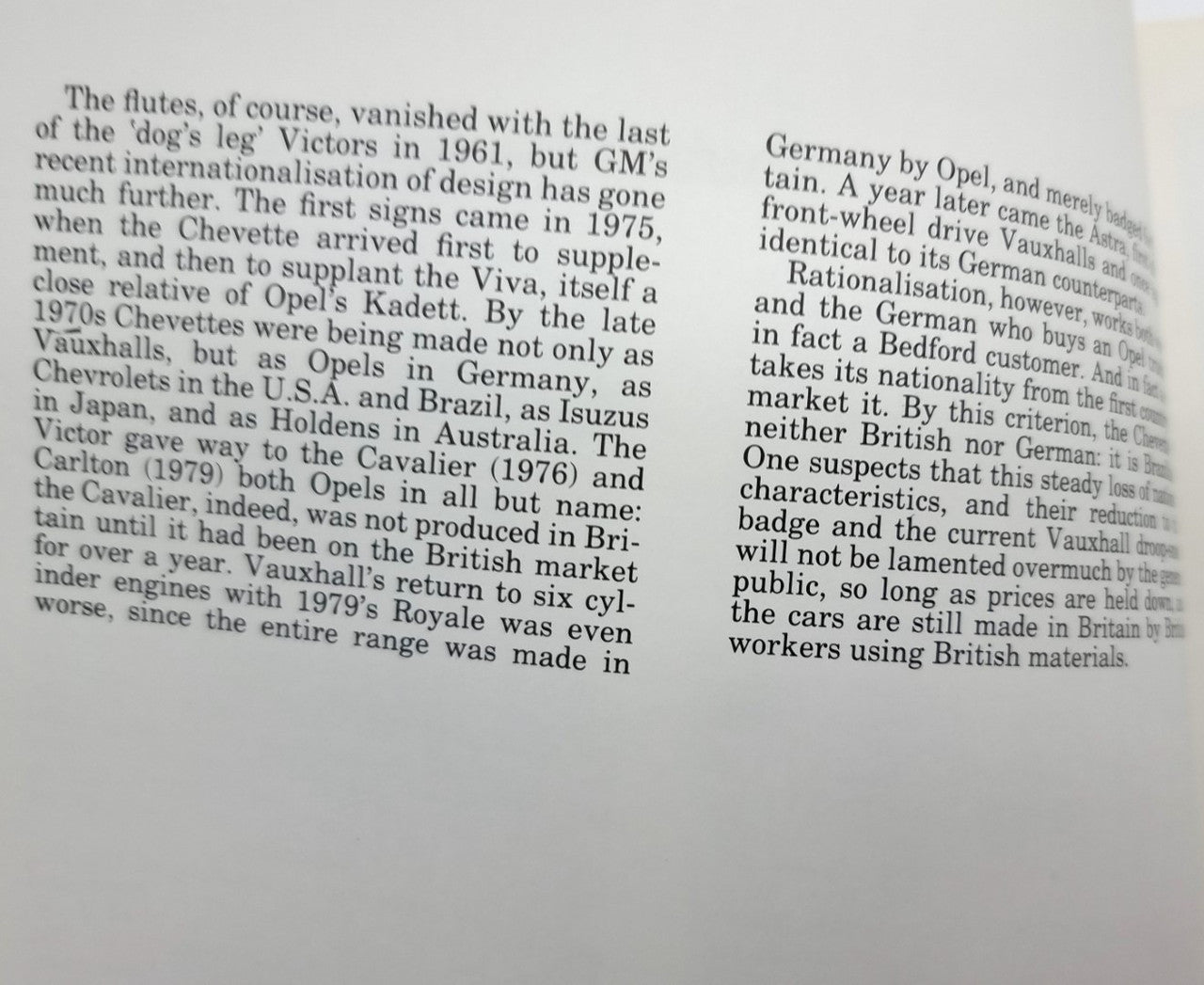 Book page with paragraphs comparing German and British car developments